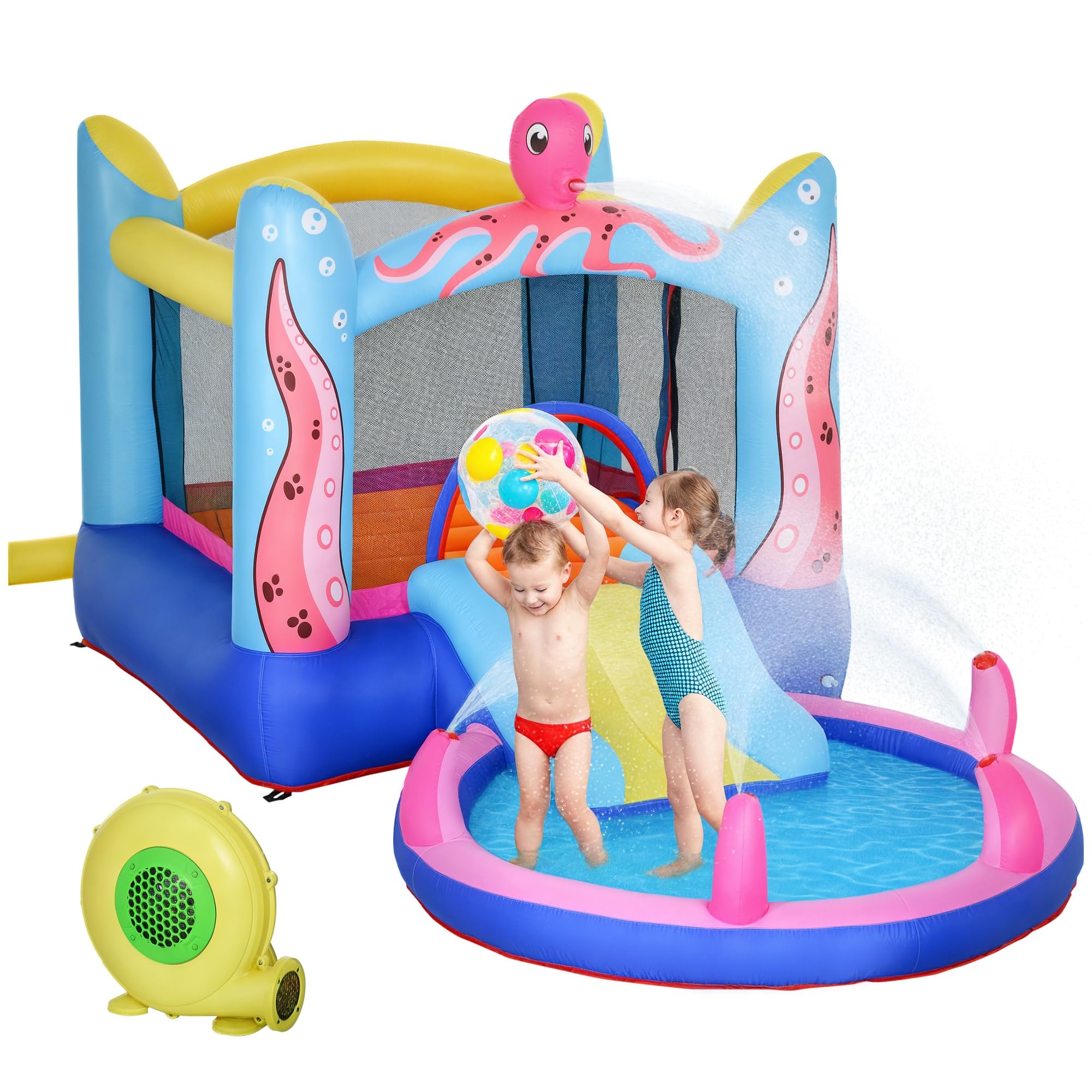 Outsunny Aufblasbare Hüpfburg mit Rutsche Springburg Spielburg Wasserpark für Kinder Trampolin aufblasbar Wasserrutsche Pool für 3-8 Jahre Oktopus-Muster Oxfordstoff 360 x 175 x 180 cm