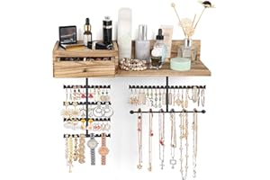 VINAEMO Jewelry Organizer Hanging Wall Mounted Jewelry Holder with Rustic Wood Drawer & Large Capacity Storage Shelf Rack Display for Earrings Rings Necklaces Bracelet