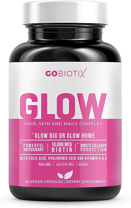 Amazon Com Glow By Gobiotix Hair Skin And Nails Vitamins 10 000mcg Biotin Multivitamin W Hyaluronic Acid Folic Acid Iron Magnesium Zinc Antioxidant Rich Boosts Collagen Production 90 Veggie Caps