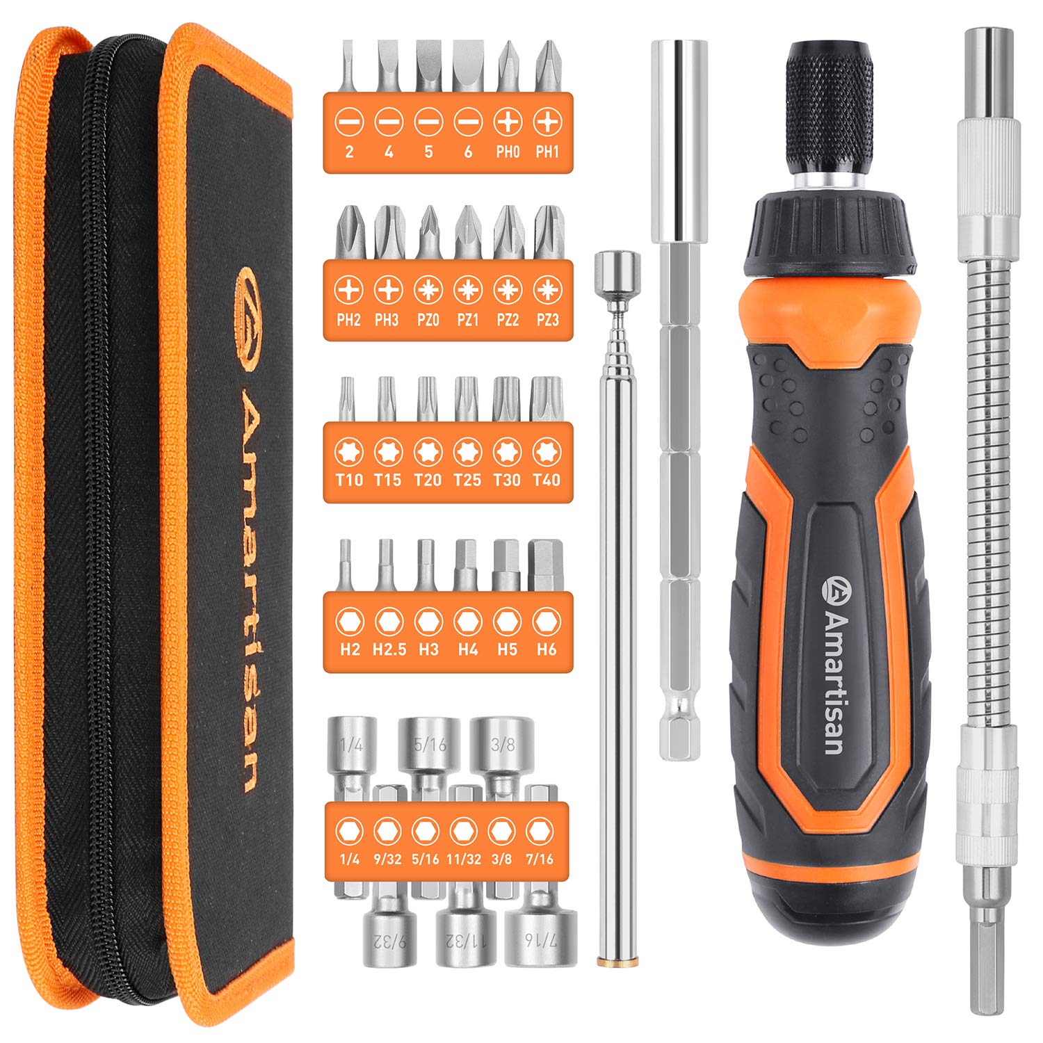 Amartisan Magnetic Ratchet Screwdriver Set, 34-Piece Multi-bit Ratchet Screw Drivers, Slotted/Philips/Pozi/Torx/Hex