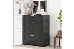 FTZxHKLX Modern 4 Drawer Dresser for Bedroom, Tall Bedroom Dresser with Large Drawer & Rose Gold Handles, Wooden Storage Organizer Cabinet Chest of Drawer for Closet, Living Room, Hallway, Black