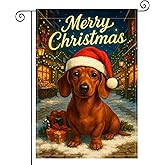 HOMETITUTE Merry Christmas Garden Flag Double Sided Burlap Dachshund Dog Santa Hat Gifts Candy Cane Holiday Winter Seasonal Outdoor Yard House Lawn Porch Patio Decoration 12x18 Inch