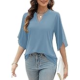 LUYAA Women's 3/4 Sleeve Blouses Tops V Neck Casual Dressy Double Layers Mesh Loose Fit Tunic Shirts