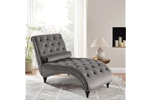 KINFFICT Velvet Chaise Lounge Indoor, Button-Tufted Upholstered Chaise Lounge Chair with Pillow for Bedroom Living Room Office Modern Leisure Recliner Sleep Sofa Chair with Tapered Legs