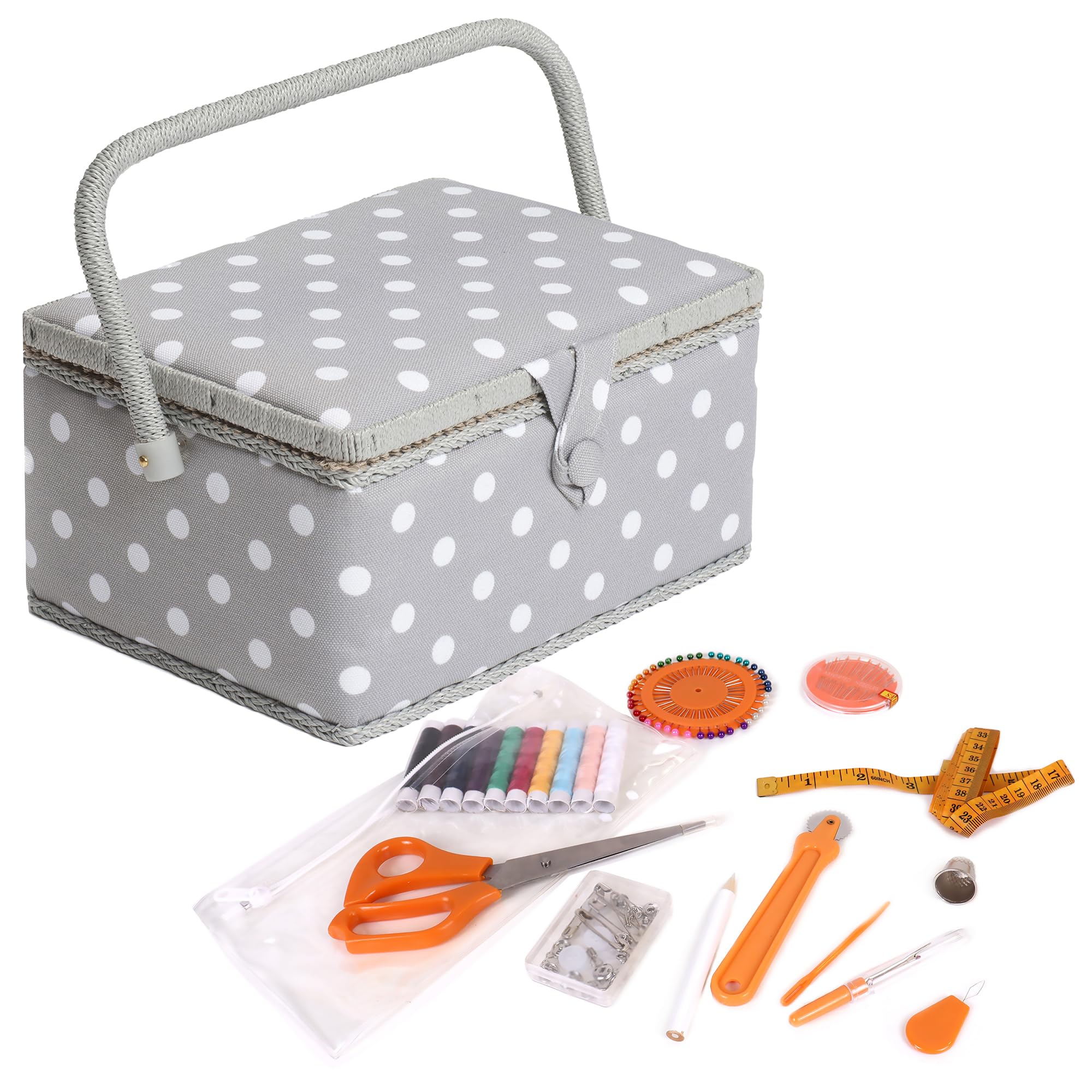 Hobby Gift Exclusive Pre-filled Sewing Craft Hobby Storage Box with 94 Piece Sewing Kit Included, Grey Spot (MRM137F)