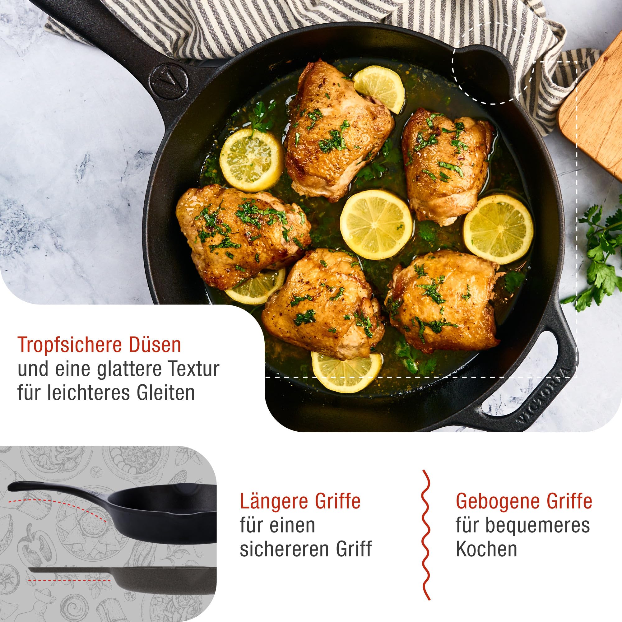 VICTORIA Bratpfanne Emaillierte Gusseisenpfanne Induction 25cm Bratpfanne Geeignet für Feuer, Grill, Backofen, Ceranfeld, Gas, Cast Iron Skillet, Toxic Free Kochgeschirr ohne PTFE oder PFOA 3