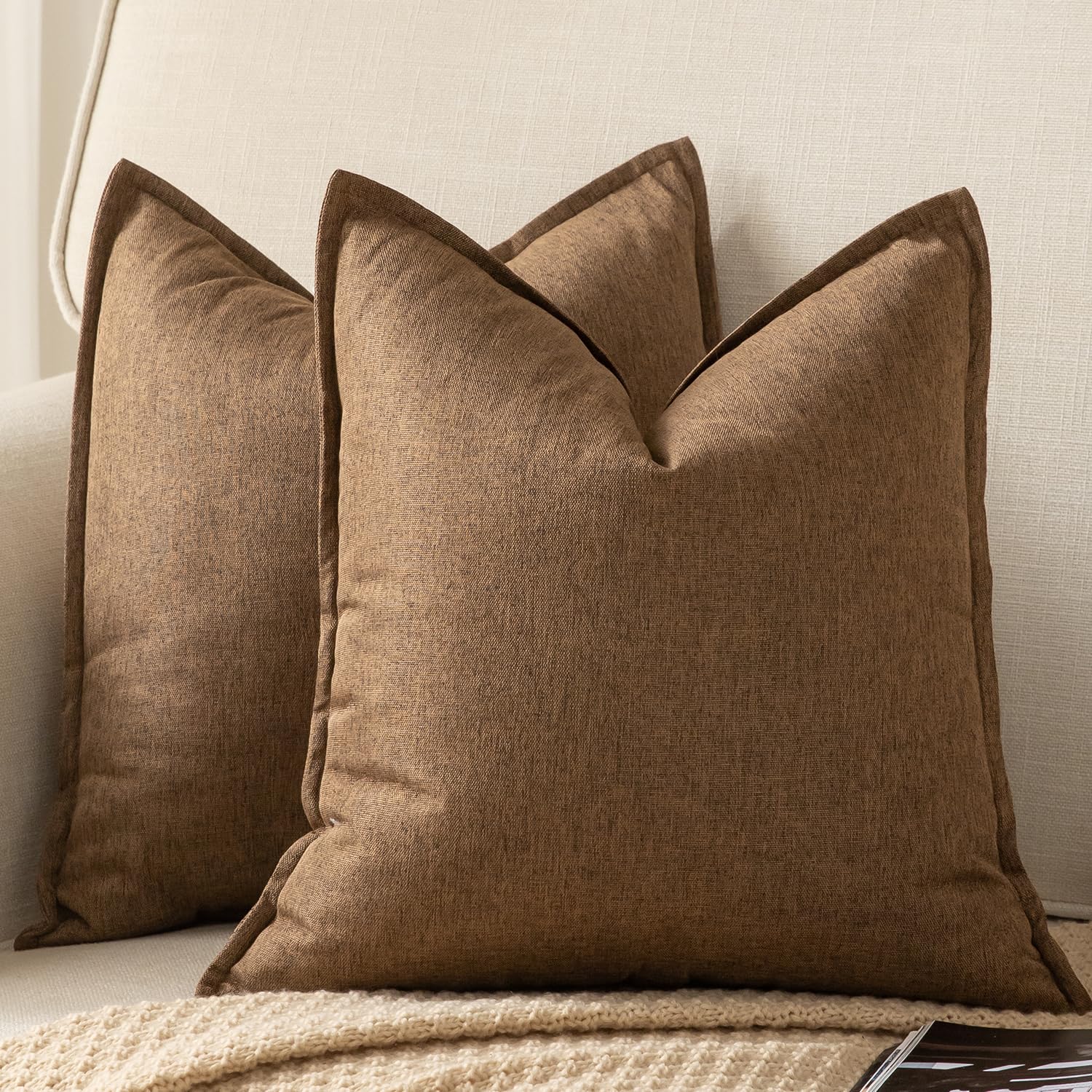 YAERTUN Pack of 2 Decorative Linen Soild Cushion Covers Farmhouse Neutral Throw Pillow Cases for Chair Couch Sofa Bedroom Living Room Home Decor 18 x 18 Inch 45x45 cm Brown