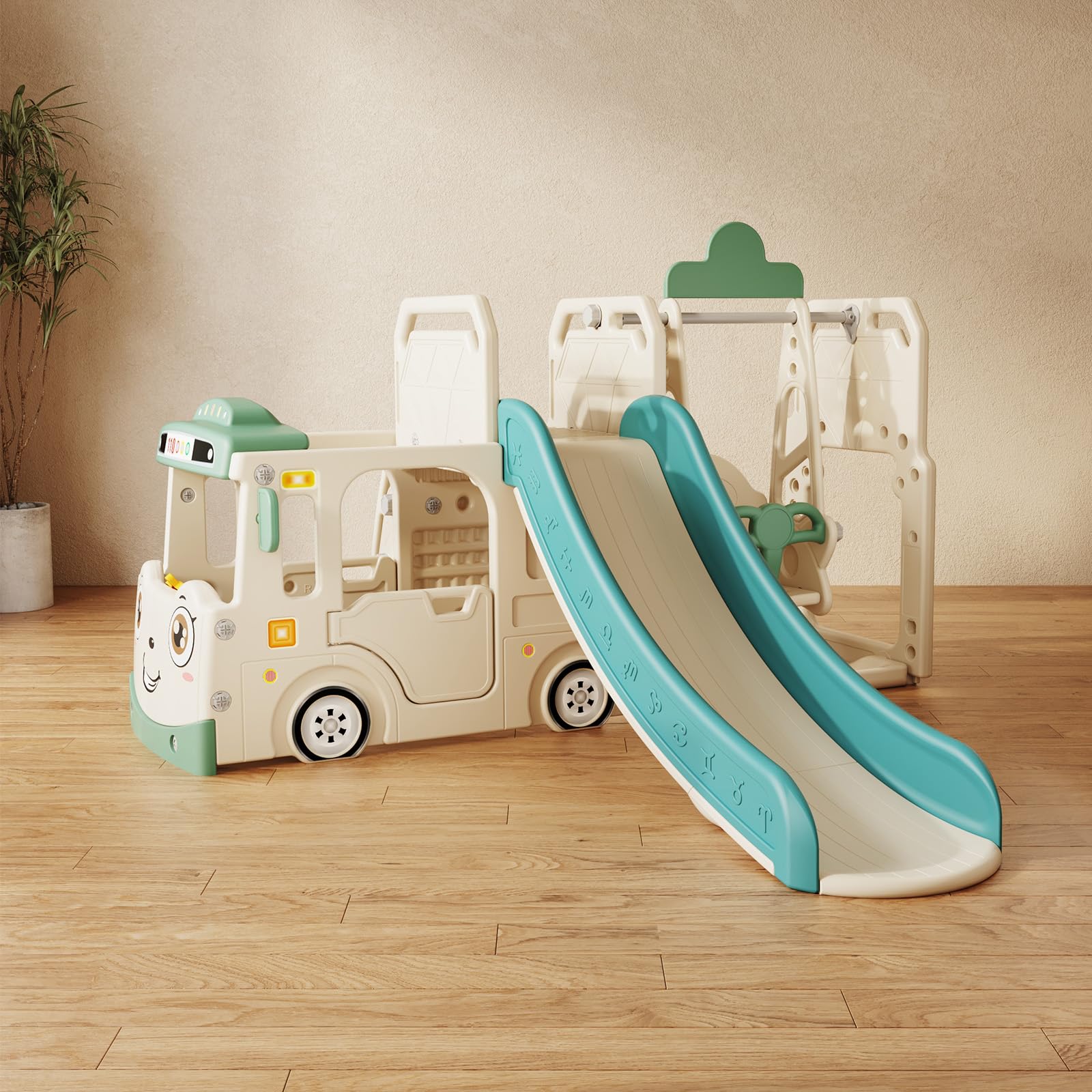 Toddler Slide and Swing Set, Baby Slide for Kids Toddlers 3+, Freestanding Slide Baby Play Set Outdoor/Indoor, 6-in-1 Baby Playset Slide, Climber, Non-Slip Stairs, Roomy Aisles, Bus Themed