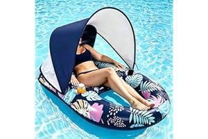 Inflatable Pool Floats with UPF50+ Canopy Adjustable, Large Floating Adult Chair Raft with 2 Cup Holders, Perfect for Swimmin