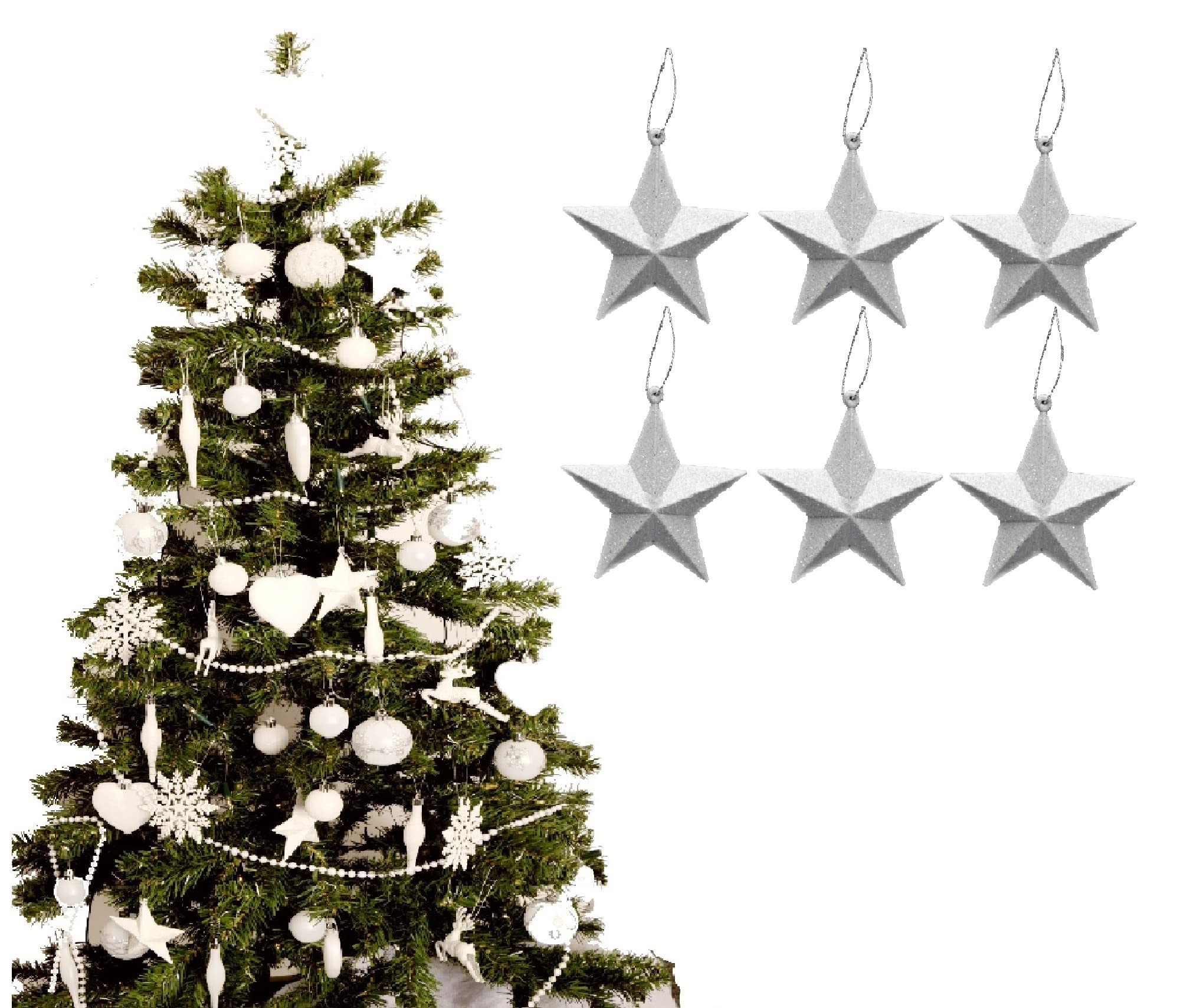Pack of 6-8cm 3D Glitter Star Baubles Christmas Tree Decorations (White)