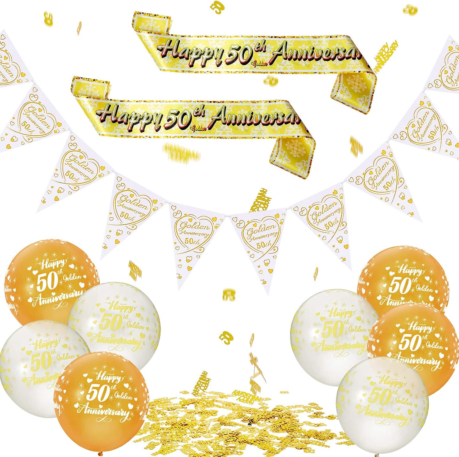 25 Pieces 50th Anniversary Decorations Set Include Happy Golden 50th Anniversary Balloons, Golden Wedding Anniversary Banner Flag, Sash Bunting and Confetti for 50th Wedding Anniversary Party Decor