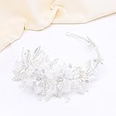 Oriamour Bridal Headband Sliver Wedding Headpieces for Bride, Crystal Tulle Flower Hair Accessories for Women Flower Girl