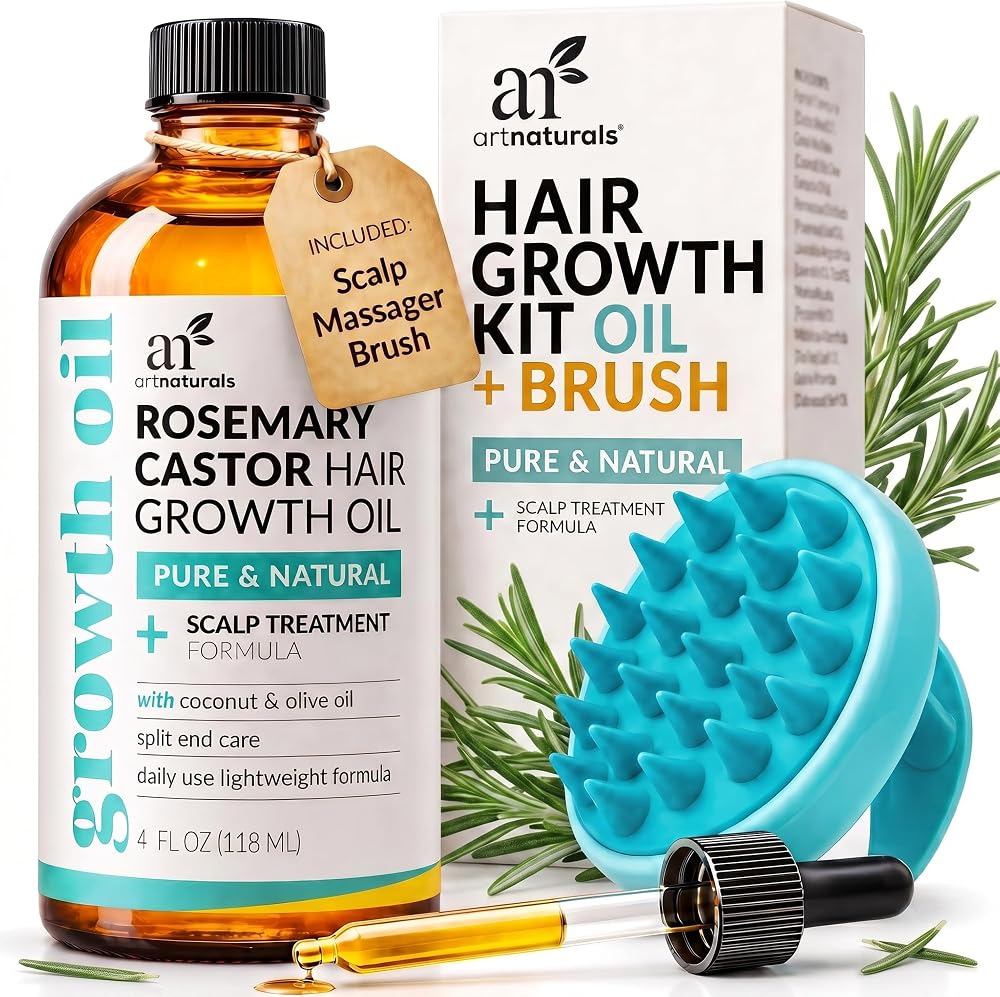 ArtNaturals Rosemary Oil for Hair Growth & Castor Oil Set, 4 oz, Women Men | Lightweight Scalp Treatment Formula, Includes Sc