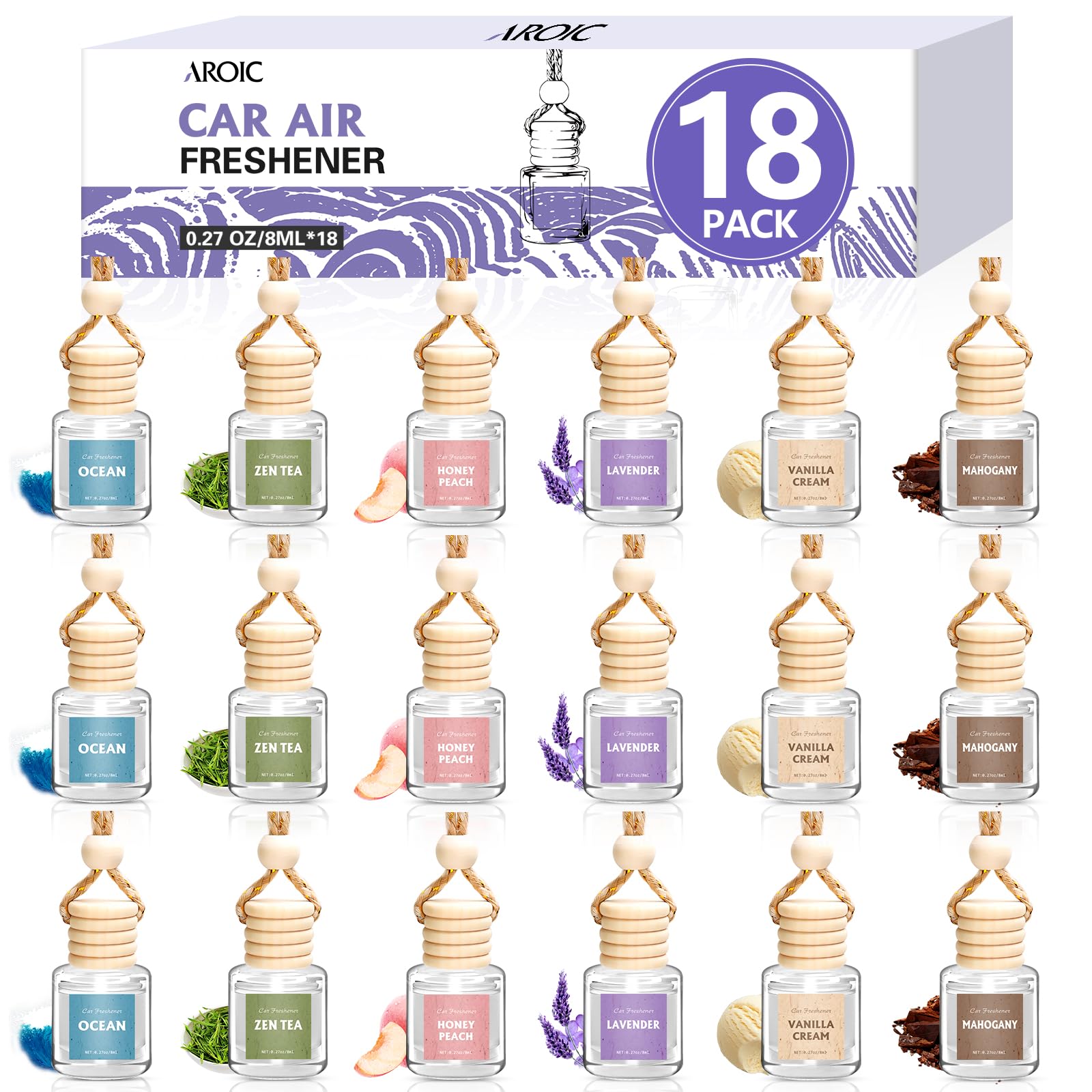 Photo 1 of AROIC Car Air Freshener, 18 Pack Long Lasting Hanging Car Air Freshener Diffuser Set for Women & Men, 6 Premium Scents Essential Oil Vehicle Aroma Fragrance Gift (8ml Each)