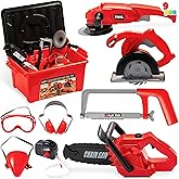 JOYIN 9Pcs Kids Tool Set, Pretend Role Play Toddler Tool Toys with Construction Worker Box & Electronic Drill Chainsaw Toy fo