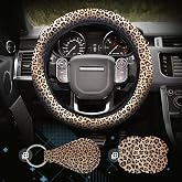 4 Pieces Leopard Cheetah Print Steering Wheel Cover Set with Car Cup Holder &amp; Quarter Keyring, Universal Fit 14-15.5 inches, Leopard Cheetah Print Car Accessories Set