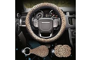 ZADIN 4 Pieces Leopard Cheetah Print Steering Wheel Cover Set with Car Cup Holder & Quarter Keyring, Universal Fit 14-15.5 inches, Leopard Cheetah Print Car Accessories Set