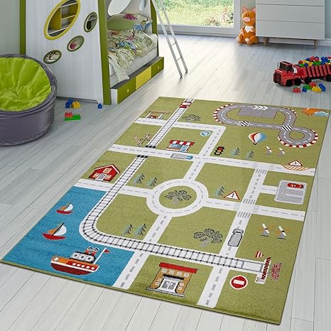 Kinderzimmer Teppich Mit Design City Hafen Stadt Straßen Spielteppich In Grün, Größe:80x150 cm