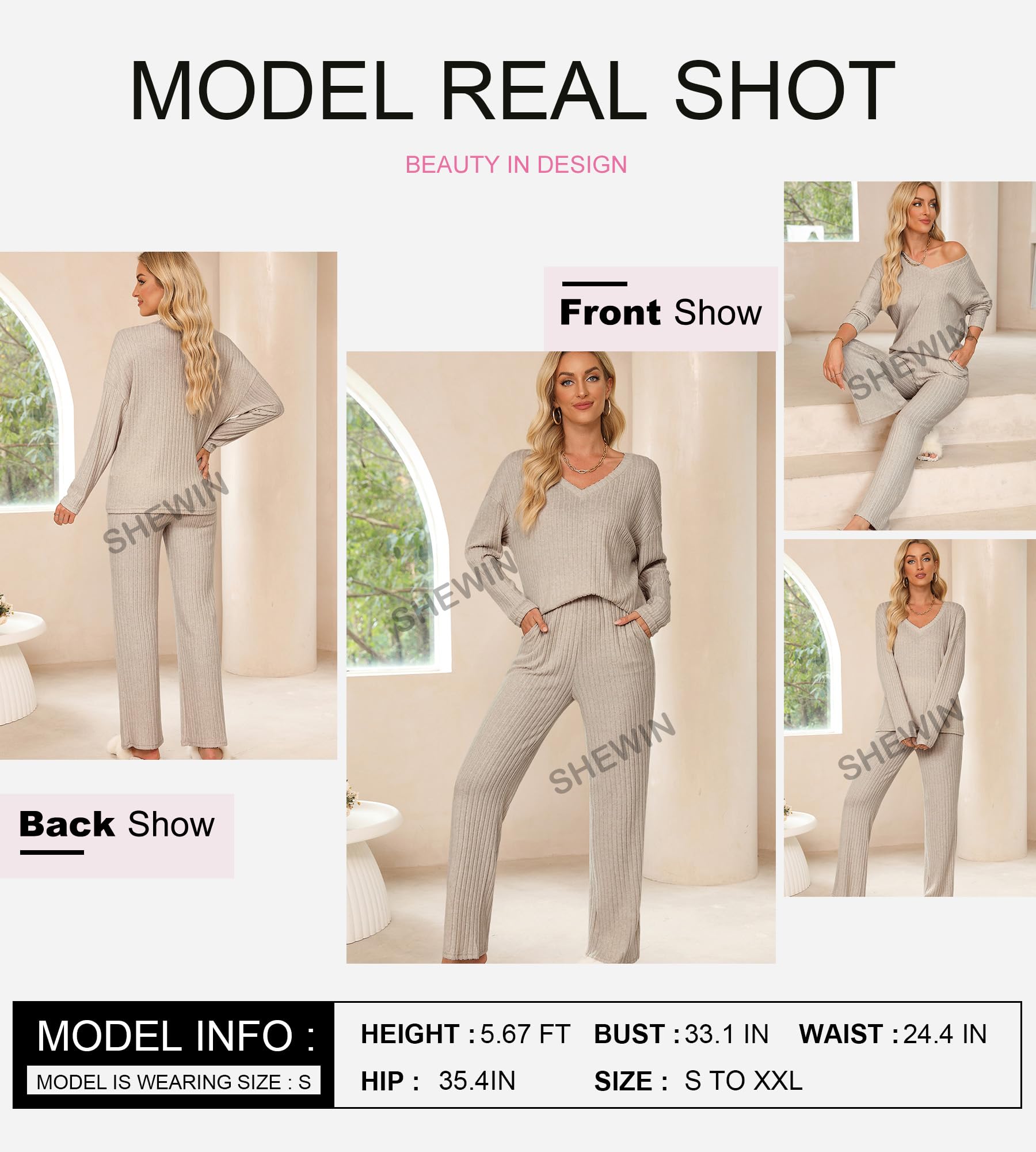 SHEWIN Pajamas for Women Set sweater Lounge Sets for Women V-neck Knit Matching Loungewear Sleepwear Khaki XL - Image 8
