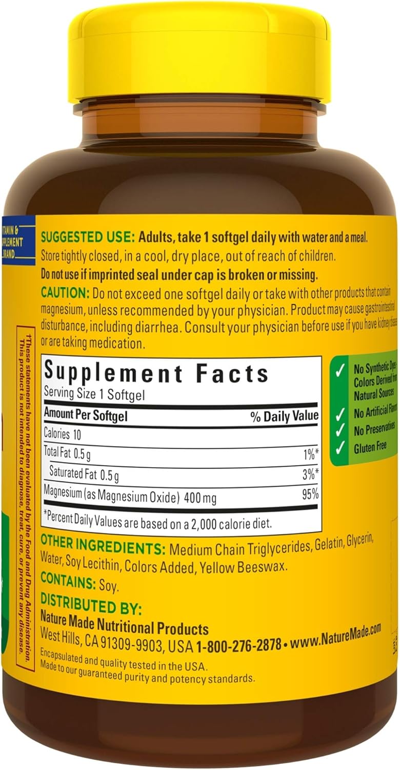 Nature Made Extra Strength Magnesium Oxide 400 mg Softgels, 110 Count for Nutrition Support (Packaging May Vary): Health & Personal Care
