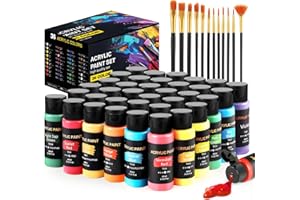 TMOL Acrylic Paint Set with 12 Art Brushes, 36 Colors (2 oz/Bottle) Acrylic Paint for Painting Canvas, Wood, Ceramic and Fabric, Paint Set for Beginners, Students and Professional Artist, Rich Pigments