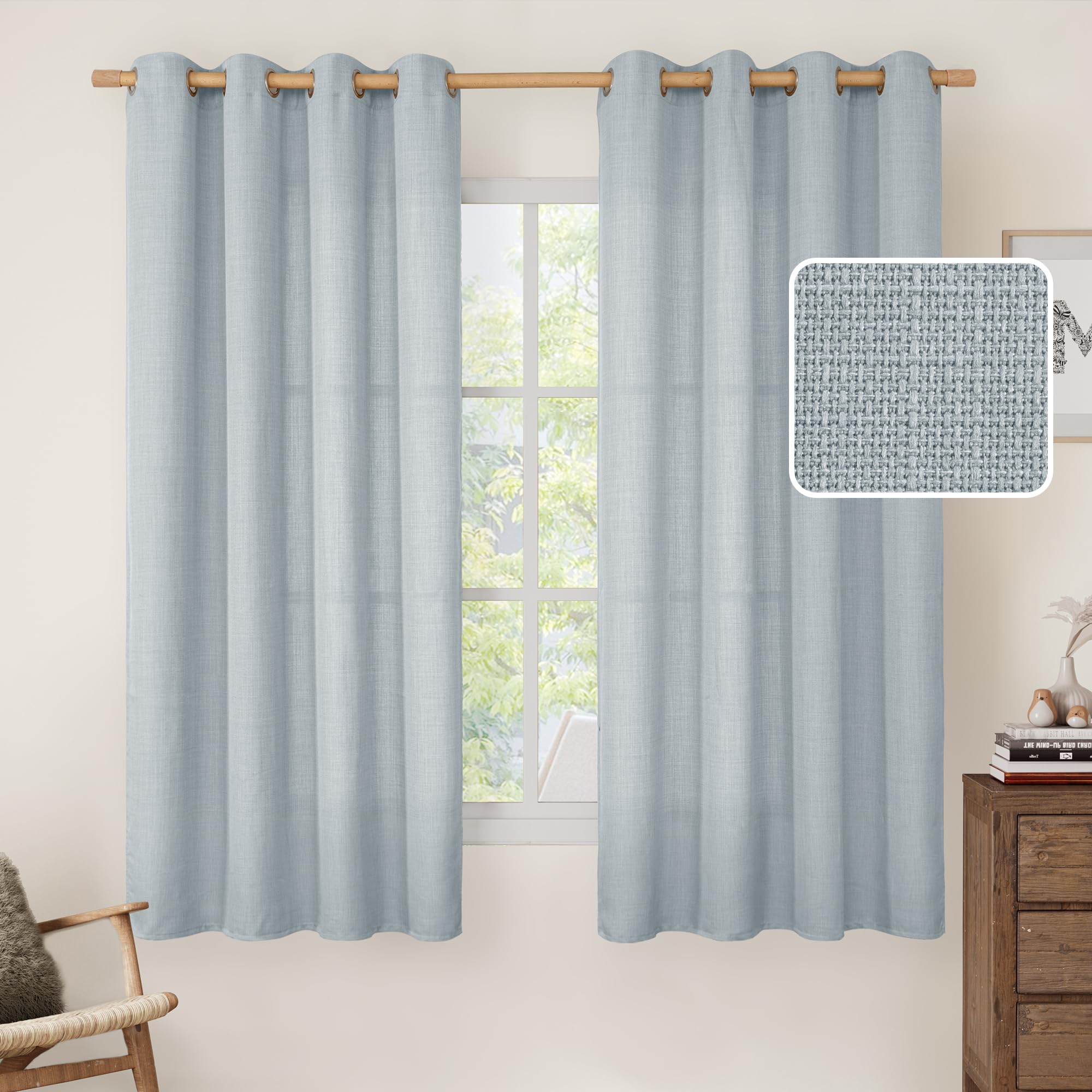 LAMIT Faux Linen Curtains for Bedroom, Grommet Thick Linen Drapes Light Filtering Privacy Sheer Window Curtains for Living Room, Set of 2 Panels (52 x 63 Inch, Haze Blue) Image