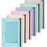 Lanpn Pencil Pouch for 3 Ring Binder 6 Pack, Pastel Binder Pen Bags with Zipper, Aesthetic 3 Holes Pencil Pouches Organizer for Boy Girl Kids School Student, Reinforced Grommets & Clear Window