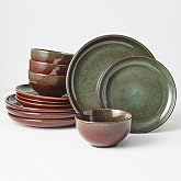 Pokini Stoneware Dinnerware Sets for 4, 12pcs Plates and Bowls Sets Dishes | Reactive Glaze Ceramic Dish Set, Microwave &amp; Dishwasher Safe, Highly Chip and Crack Resistant Dishware sets, Brown Green
