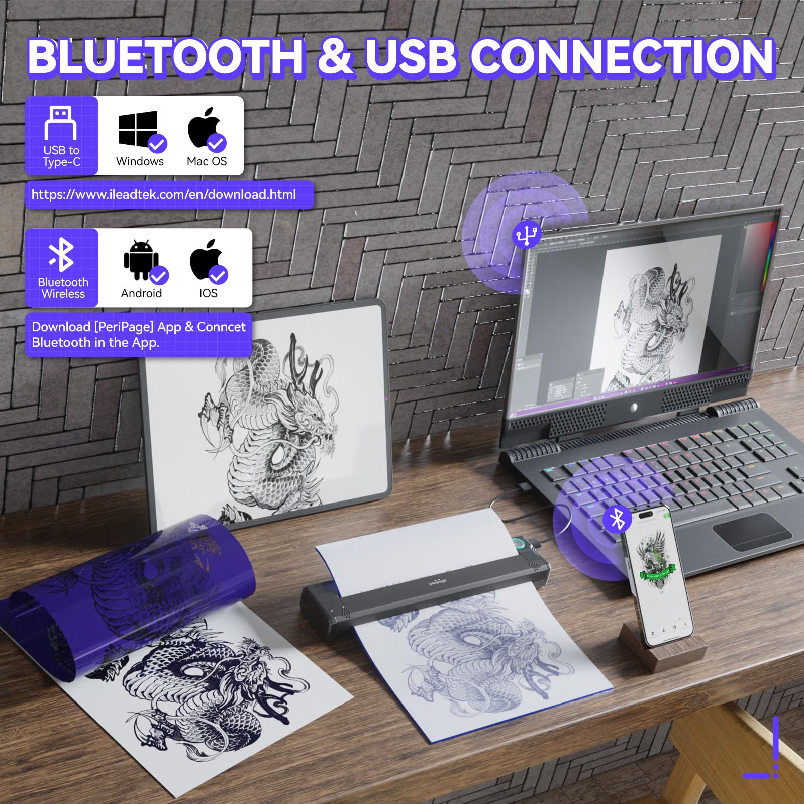 Wireless Tattoo Stencil Printer - Professional & Beginner Friendly, Bluetooth & USB Connectivity, 5pcs Free Stencil Paper Included
