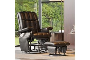 JIASTING 360° Swivel Leather Recliner Chair with Ottoman & Double Side Pockets, Nursing Glider Rocking Recliner Chair, Gliding Chairs for Nursery, Living Room, Office, Bedroom, Metal Frame (Black)