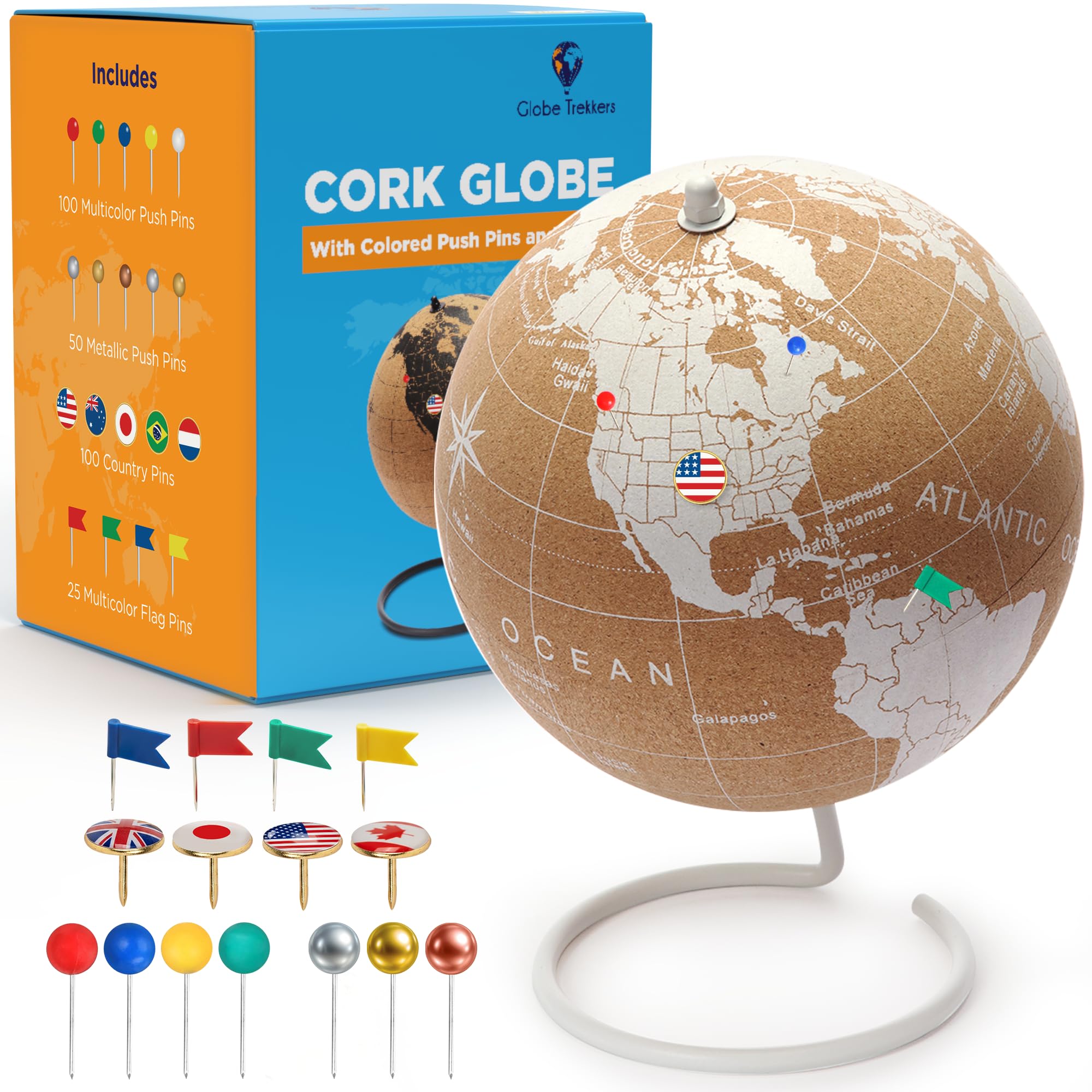 White Cork Globe with Push Pins - 9.4” Tall Globe with Map of the World and Rotating Stand for Adults, 50 Metallic and 100 Colored Push Pins - World Map for Home, Office, Travel