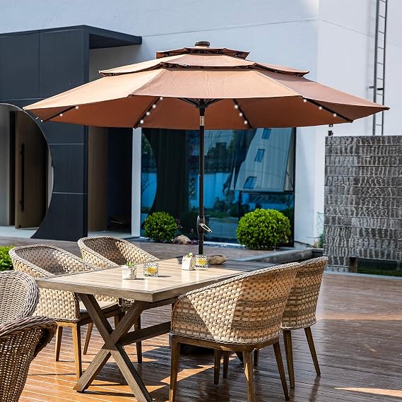 Klismos 10ft 3 Tiers Patio Umbrella With Solar Lights Windproof Outdoor Market Umbrella Large Waterproof Table Umbrella With Tilt And Crank Coffee Amazon Ca Patio Lawn Garden