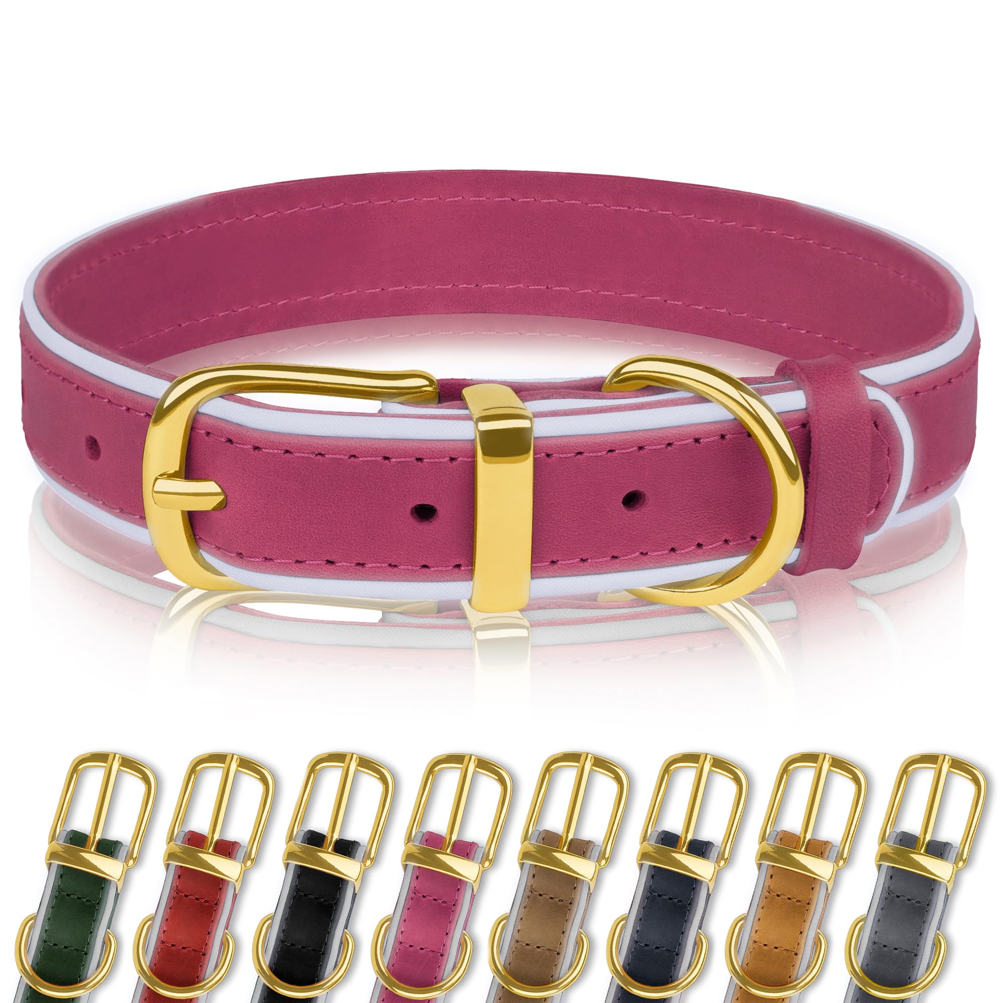 OOPSDOGGY Reflective Geniune Leather Dog Collar Soft Padded Collars for Small Medium Large Breed Dogs Puppy, 4 Sizes, 8 Colors (Pink, 9"-12")