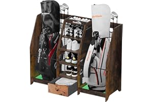 Ponsonbay Golf Bag Storage Organizer for Garage, Premium Wooden 2 Golf Bags Rack with Drawer, Easy Assemble Golf Club Stand/Holder Suitable for Garage Home Simulator and Office
