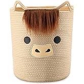 AceOrbit Highland Cute Cow Basket for Nursery, Big Shower Gift Basket, Round Woven Rope Cotton Storage with Ears Handles, Baby Blanket Towel Decor Storage Organizer Bins, 12"L x 12"W x 14"H