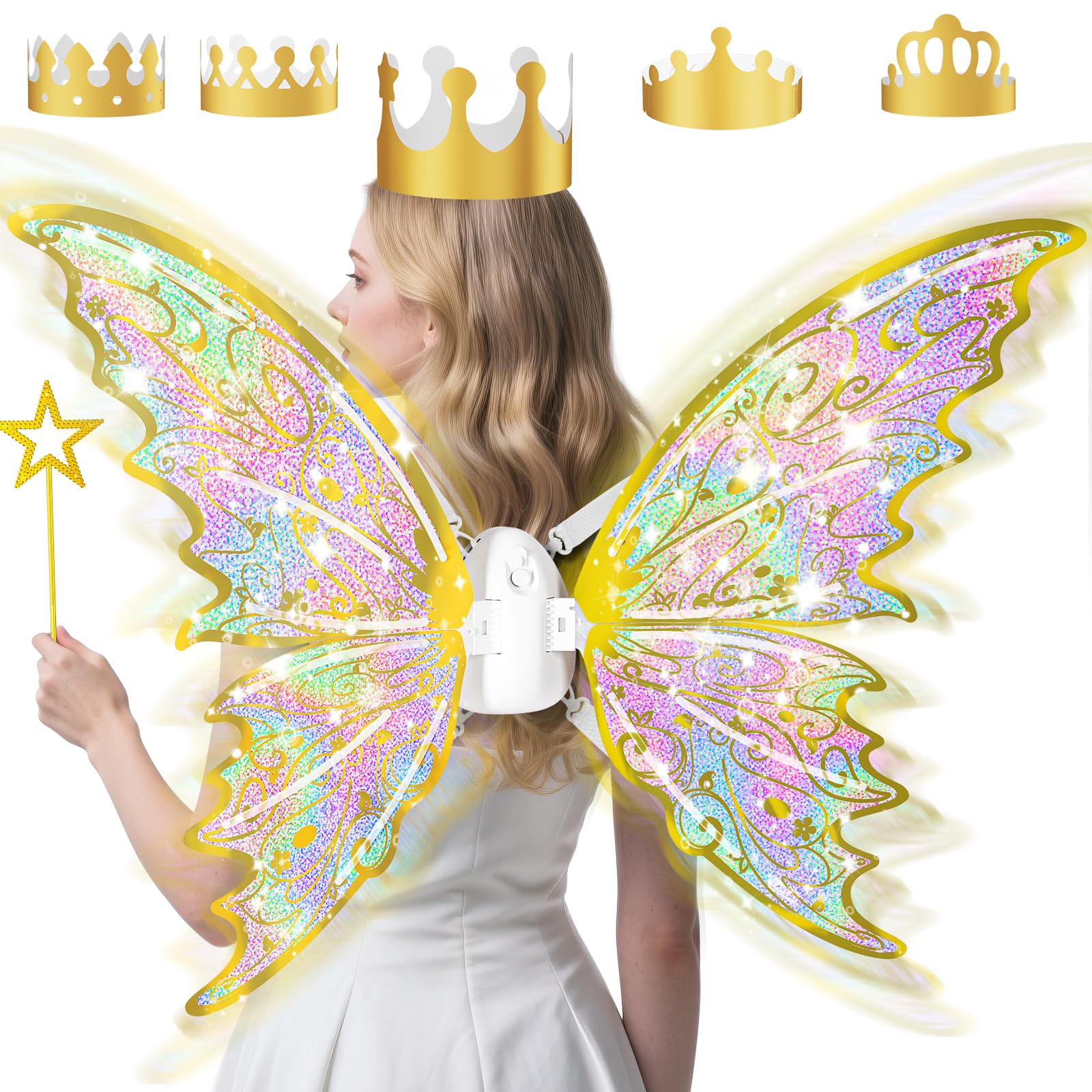 maysida Gold Fairy Wings for Kids and Girls, Light-up Electric Sparkling Wings Princess Halloween Set with Wand, Crown, Butterfly Wings – Ideal for Cosplay, Party, Birthday, Valentine's Day — image 1