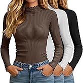 Oakgarden 3 Pack Women's Turtleneck Cotton Shirts, Long Sleeve Ribbed Lettuce Trim Mock Neck Slim Fit Tops Soft Base Layer