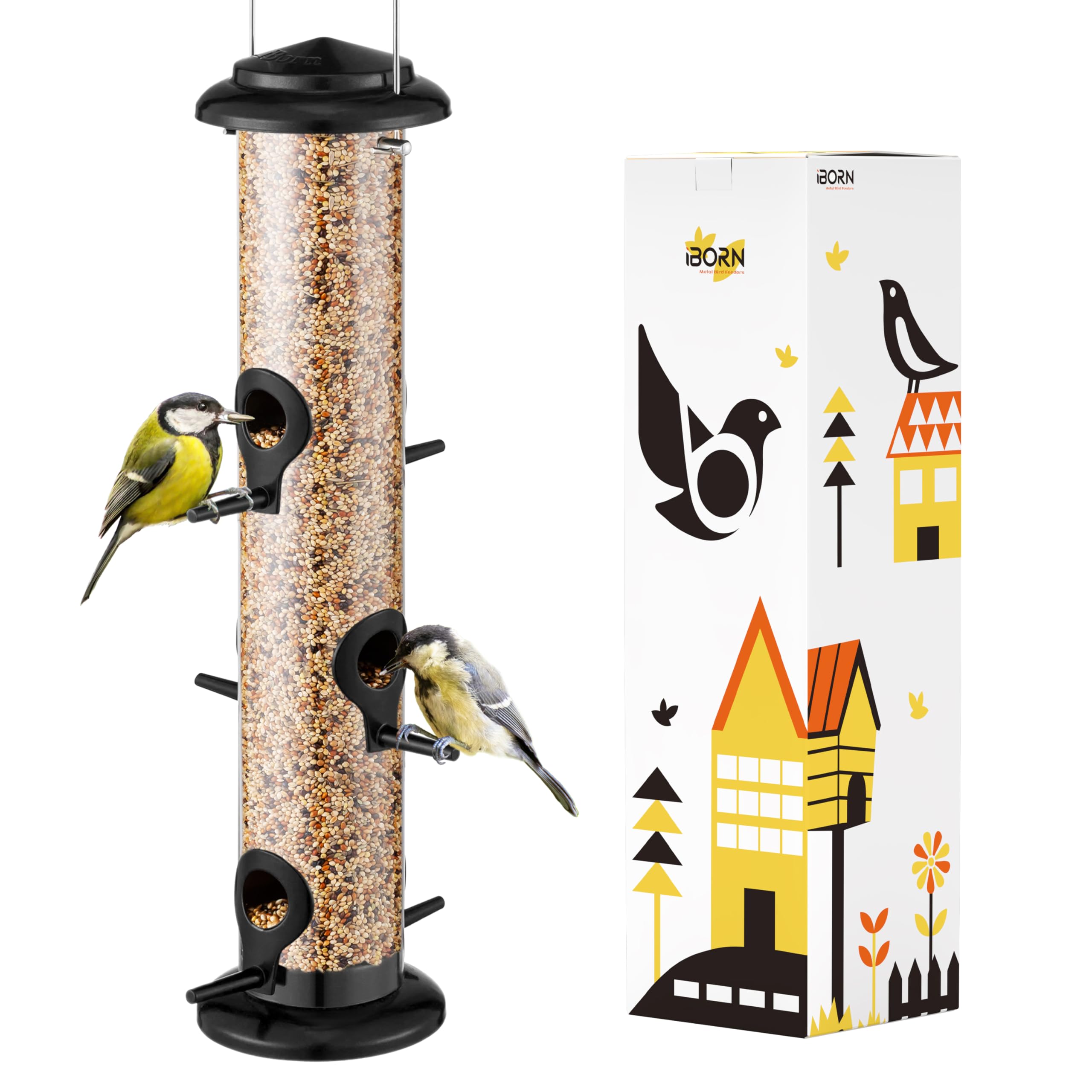 iBorn Metal Bird Feeders Black Wild Bird Feeder for Outdoors Hanging All Metal Black Finishing 14 Inch 6 Port(Seed is not Included)