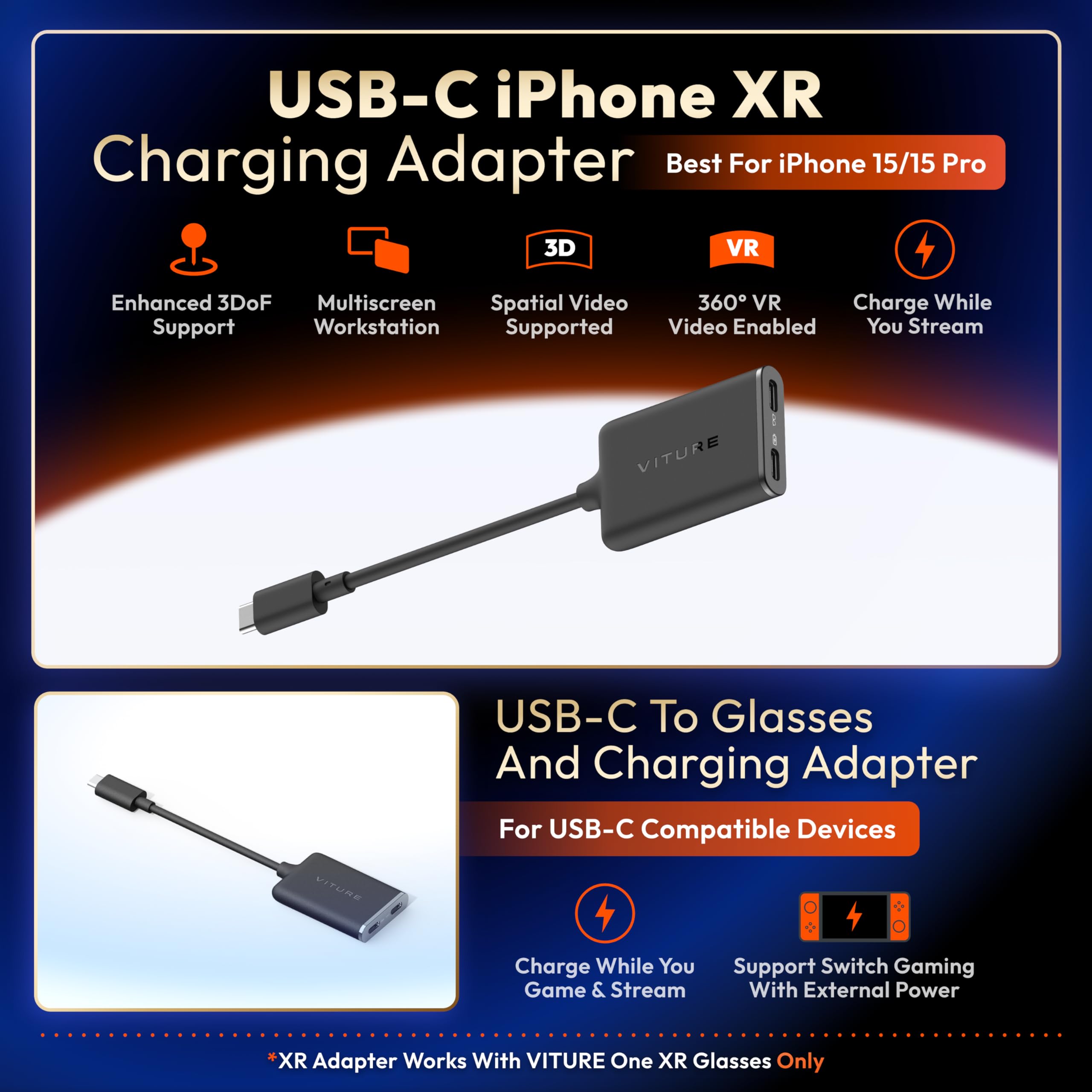 VITURE One for USB-C iPhone Pack: XR Glasses & USB- C XR Charging Adapter: Seamless Support on Spatial Video, Multi-Screen, Enhanced 3DoF, 1-Click 3D, VR Video, Fits iPhone 16/15, Charge and Play