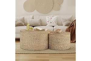 Giofanzo Nesting Coffee Table Set of 2, Rustic Crate and Barrel Coffee Table, Hand-Woven Woven Nesting Tables with Soild Wood Cover for Living Room, Bedroom
