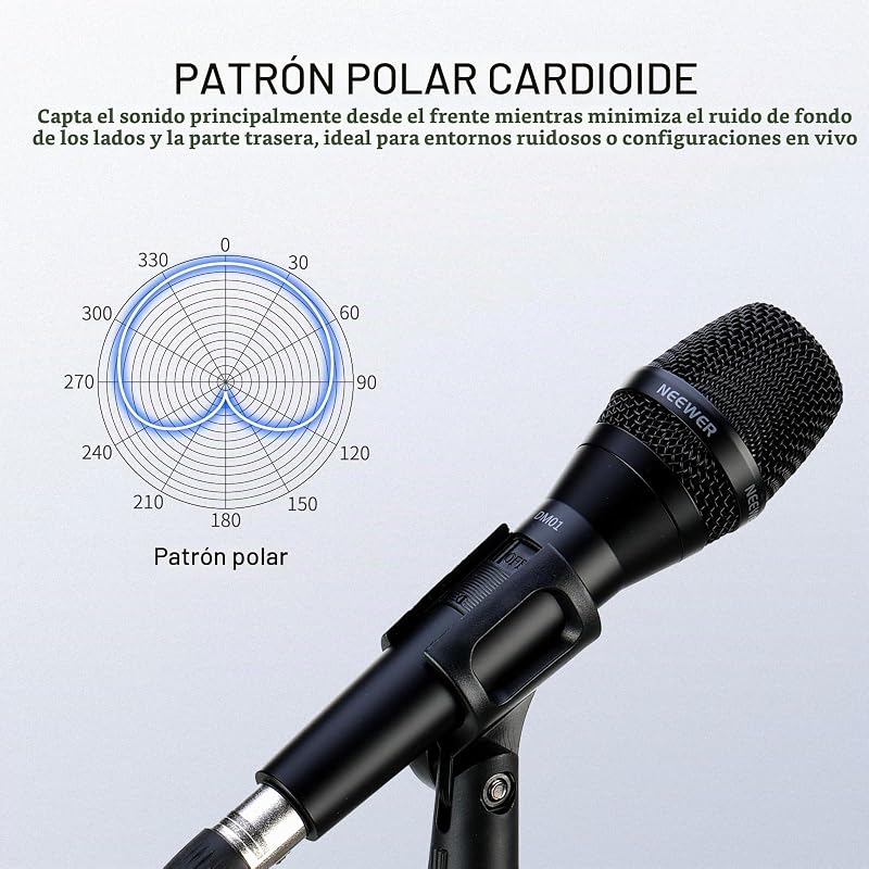Microfone Cardioide Dinâmico DM01 com cabo XLR para Podcast Cantado, Jogos de PC, Jogos, Estúdio, Voz, Atuações ao Vivo, 600Ω +/- 30% de Impedância, Gama de Frequências de 100 Hz a 10 KHz
