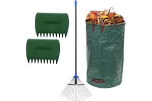 OLIYNEDY Adjustable Leaf Rake for Leaves with 32 Gallon Lawn and Leaf Bags & Leaf Scoops, Adult Kids Lawn Shrub Yard Landscape Garden Metal Rake with Expandable Head 8-17" Long Handle 30-60"