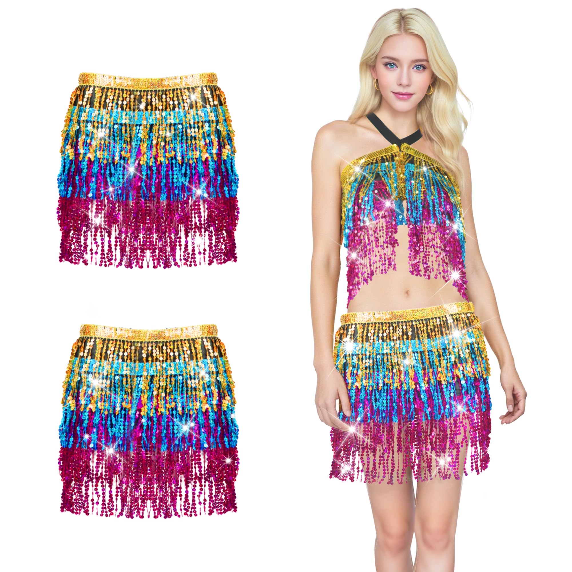 Baisdan 2 Pack Sequin Tassel Skirt for Women Girls - Sparkly Sequin Skirts Festival Outfit, Carnival Costumes (Waist/Bust Under 31.5") Colorful — image 1