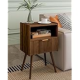 Veegle Nightstand,Modern Bedside Table with Storage Drawer and Open Wood Shelf, Accent Night Stand with Solid Wood Legs for Living Room, Bedroom and Small Spaces,Easy Assembly (Walnut Brown)