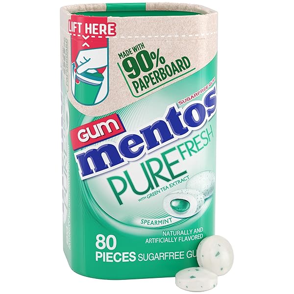 MENTOS PURE FRESH SPEARMINT SUGAR FREE CHEWING GUM WITH XYLITOL SWEETENER, PAPERBOARD BOTTLE, 80 PIECES