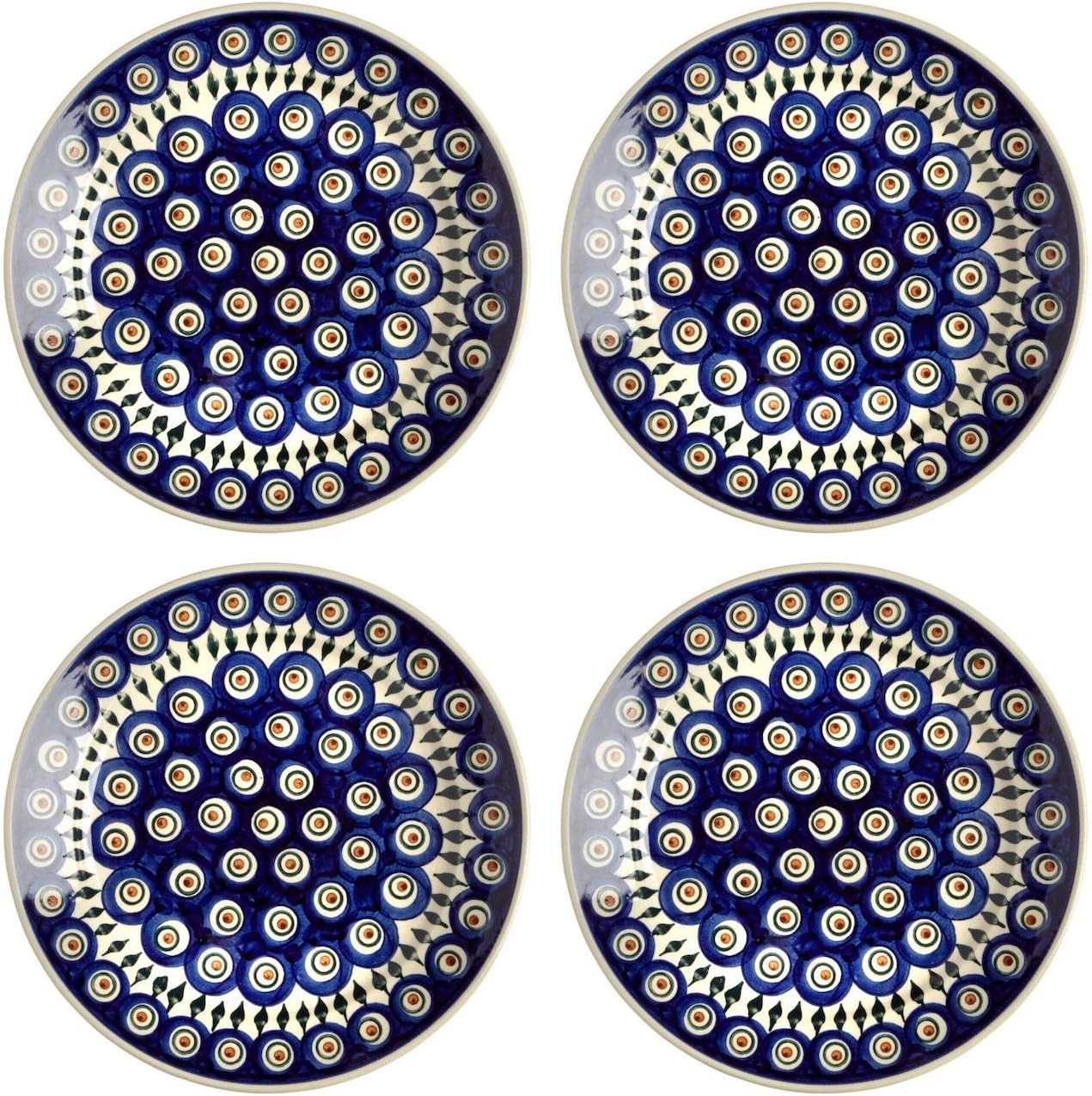 Ceramika Boleslawiec Polish Pottery Peacock Feathers, Set of 4 Dinner Plates (9.75" Diameter)