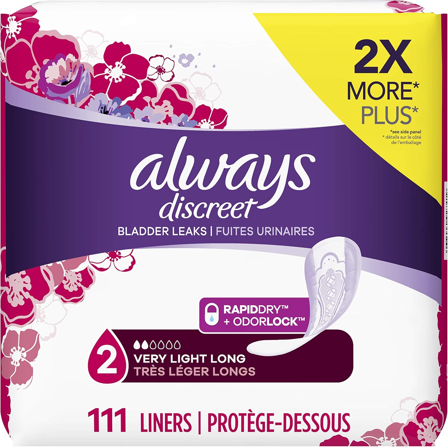 Always Discreet Incontinence and Postpartum Liners, Very Light Absorbency, Long Length, 132 Count, Packaging may vary: Health & Personal Care