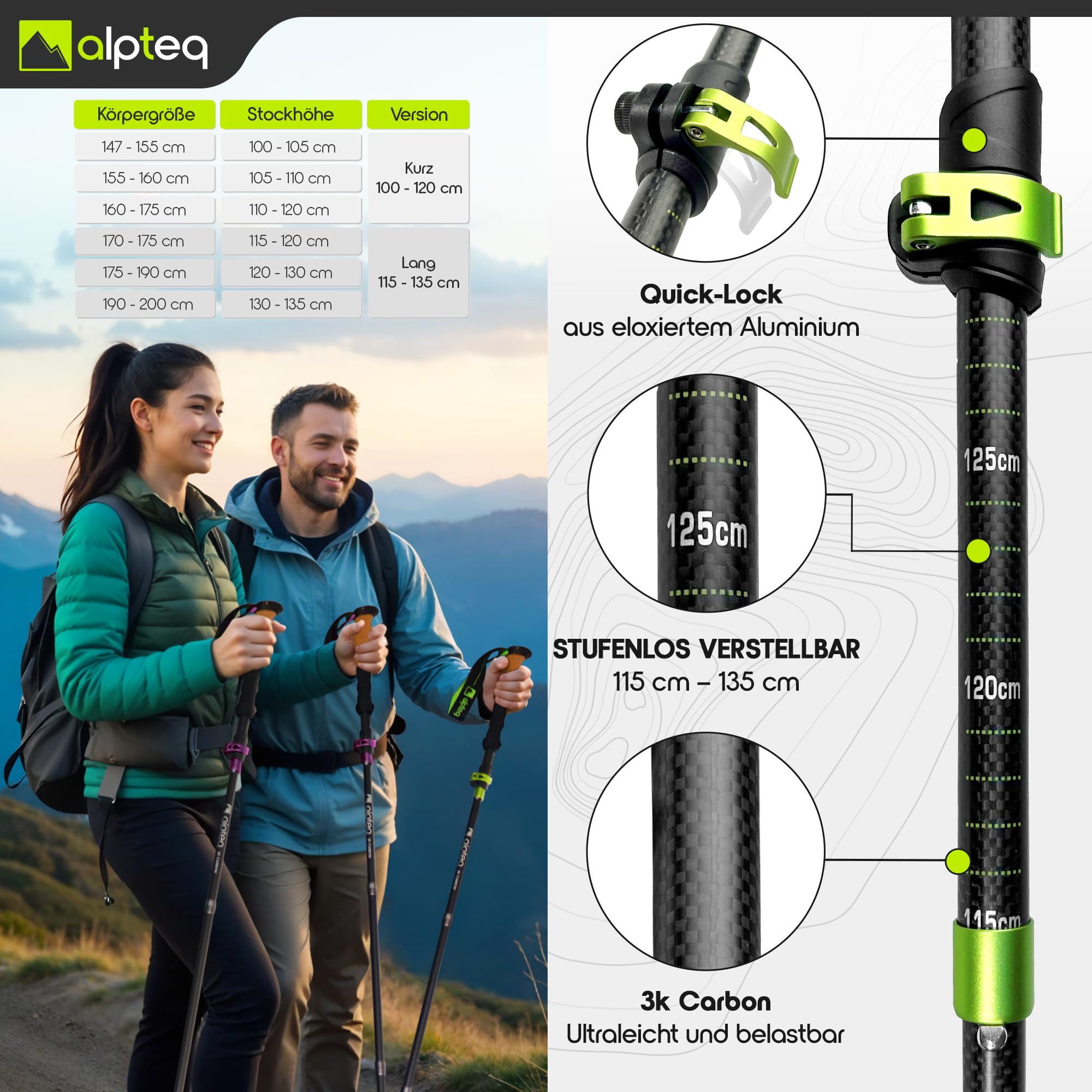 Alpteq® Wanderstöcke faltbar Carbon mit Korkgriff | Bergsport Trekkingstöcke | Nordic Walking Stöcke Damen & Herren | extra leicht und Teleskop variabel (Carbon 115-135 cm | Lime Green) 6