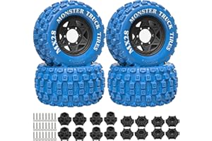 LRFHL MX28 F/R 2.8" RC Tire and Wheels with 12mm/14mm Hex Adapter, 1/10 RC Monster Truck Tires Compatible with Traxxas Stampede Rustler Arrma Vortek Big Rock Granite (4PCS, Blue)