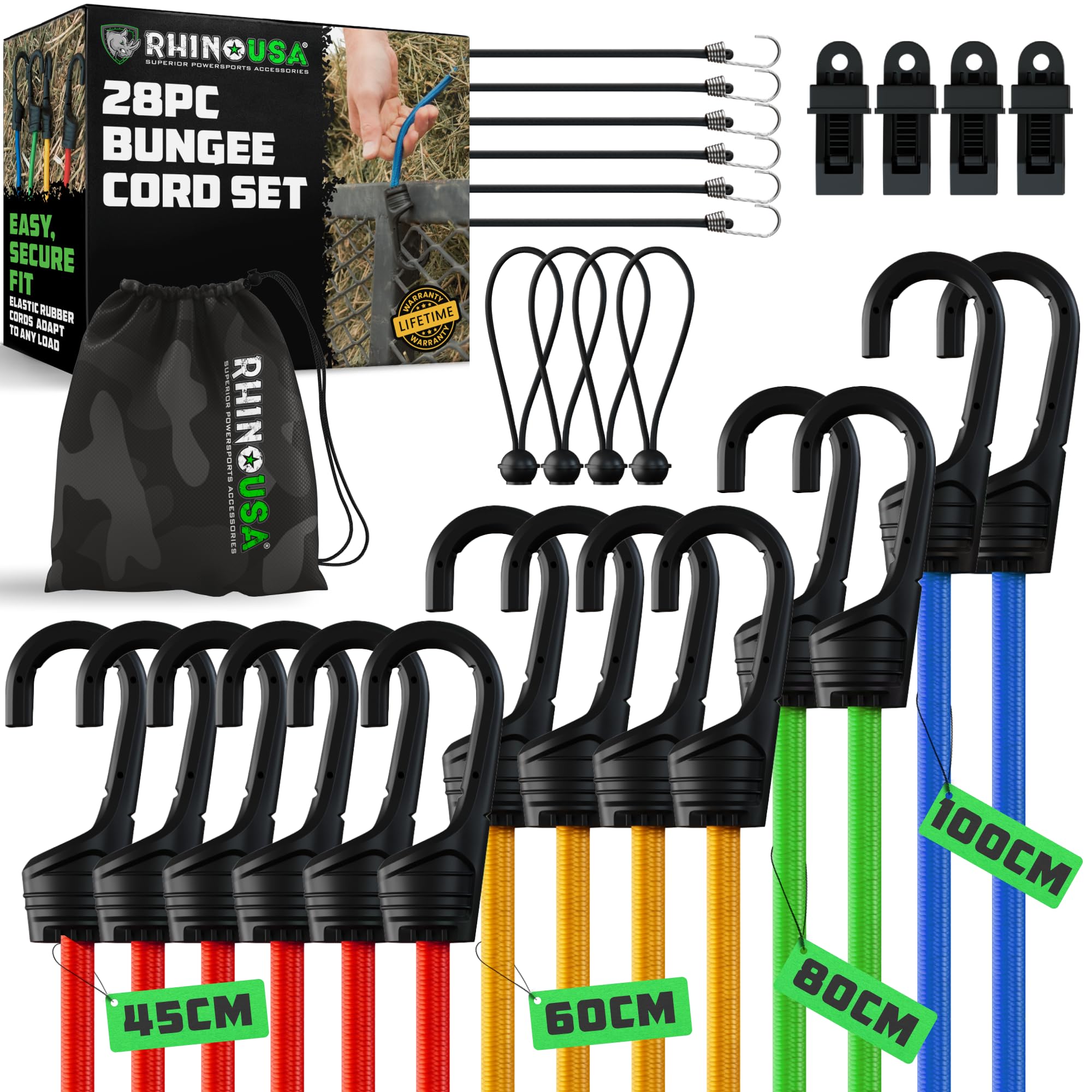 Rhino USA Bungee Cords with Hooks (28-Piece) Heavy Duty Outdoor Bungee Straps, Short, Medium & Long Sizes – 4 Free Tarp Clips, Drawstring Storage Bag, Canopy Ties & Ball Bungees – UV Weather Resistant